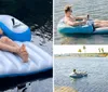 A person is relaxing on a blue and white inflatable raft in the water wearing sunglasses while holding a drink in one hand and a smartphone in the other