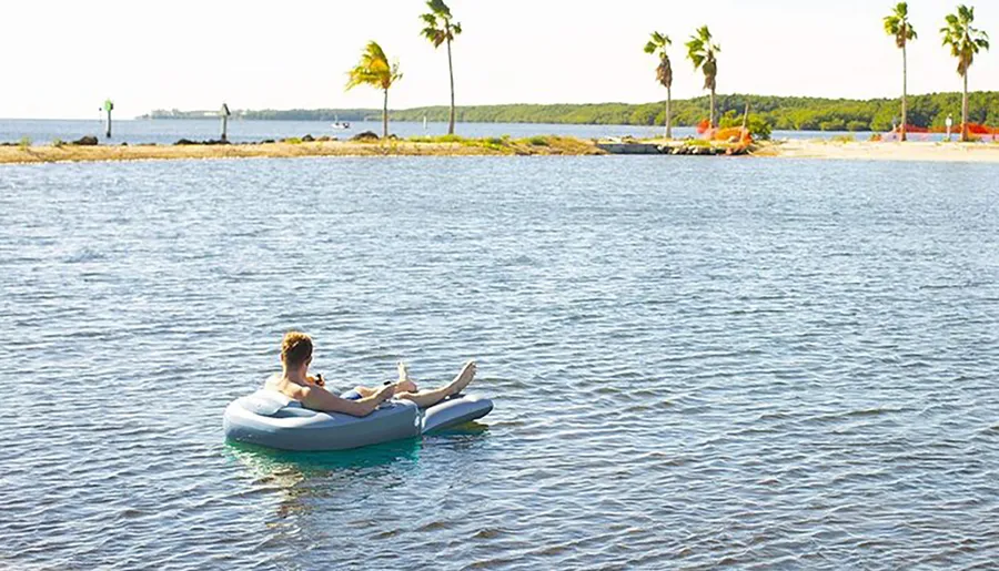 A person is relaxing on an inflatable ring in calm waters near a tropical shoreline with palm trees.