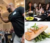 The image shows a group of people engaging in conversation at what appears to be a social event with a smaller inset picture of a salmon dish placed in the corner