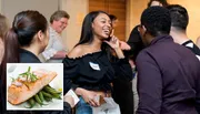 The image shows a group of people engaging in conversation at what appears to be a social event, with a smaller inset picture of a salmon dish placed in the corner.