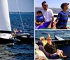 A group of people are enjoying a day of sailing on a multi-hull sailboat on a large body of water