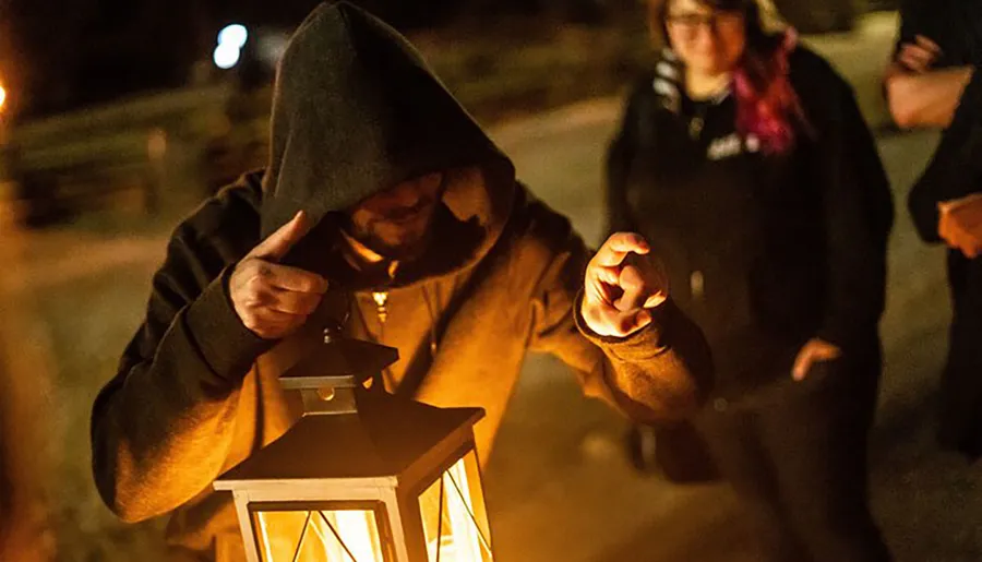 A person in a hooded garment holds a lantern and gestures towards the camera, with dimly lit figures in the background, creating a mysterious or storytelling atmosphere.