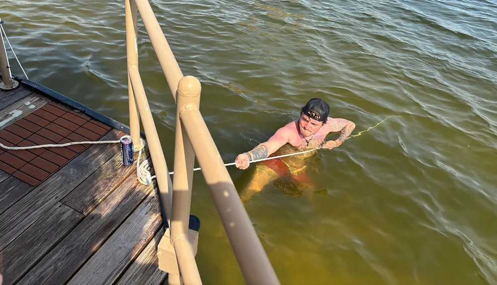 A person with a cap and tattoos is swimming near a wooden dock holding onto a rope with a beverage can left on the edge of the dock