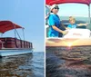 A person is standing on a pontoon boat with a red bimini top anchored in calm waters under a clear blue sky