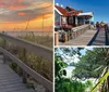 Two people on bicycles are enjoying a scenic sunset by the beach on a wooden boardwalk