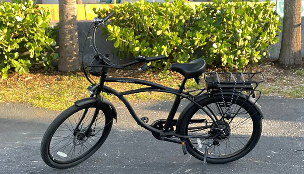 A black electric bicycle is parked on a paved surface with green shrubbery in the background