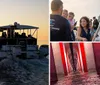 A group of passengers enjoys a sunset cruise near the coast on a pontoon boat with a tranquil ocean backdrop while an inset image shows a brightly lit bridge reflecting on the water at night