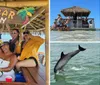 A group of people enjoys a sunny day on a floating dock with a thatched roof in shallow waters