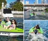 Two individuals are riding a green mini powerboat in a marina with other boats and yachts docked in the background