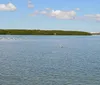 A group of people is enjoying a sunny day in shallow waters beside a boat with some holding beverages and the coastline visible in the background