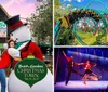 A group of people wearing festive Christmas attire is happily interacting with a person in a snowman costume at Busch Gardens Christmas Town event