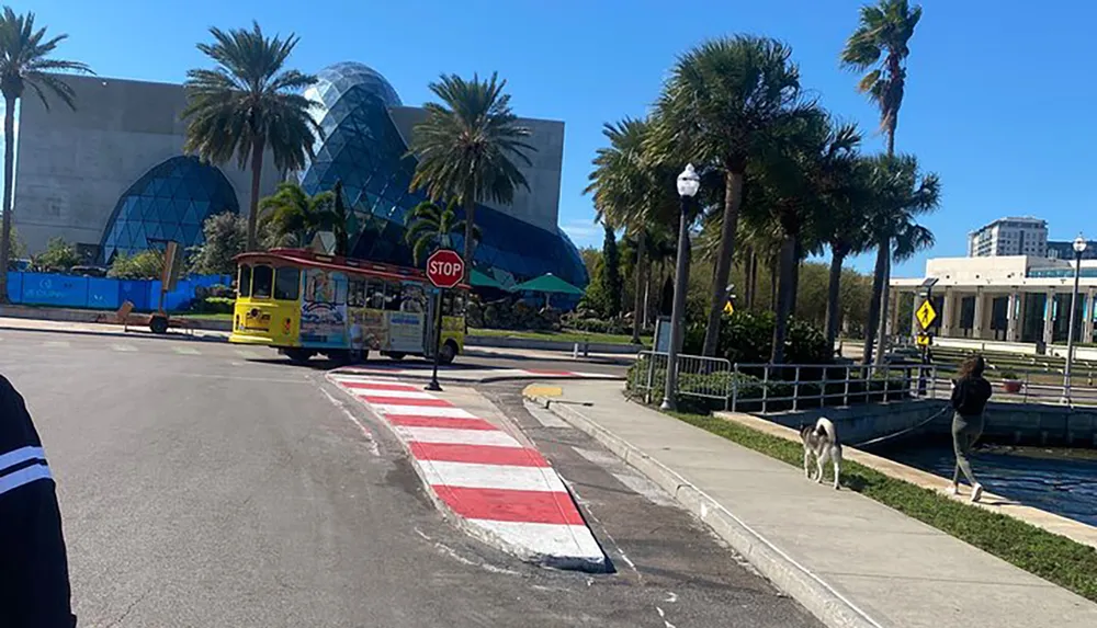 A yellow trolley bus is stopped at a pedestrian crossing near a waterfront with palm trees and a distinctive blue glass-domed building in the background on a sunny day