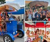 A group of joyful friends are toasting with drinks while enjoying a ride on a pedal pub