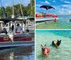 A group of people is enjoying a sunny day on a red pontoon boat at a marina filled with various boats and yachts