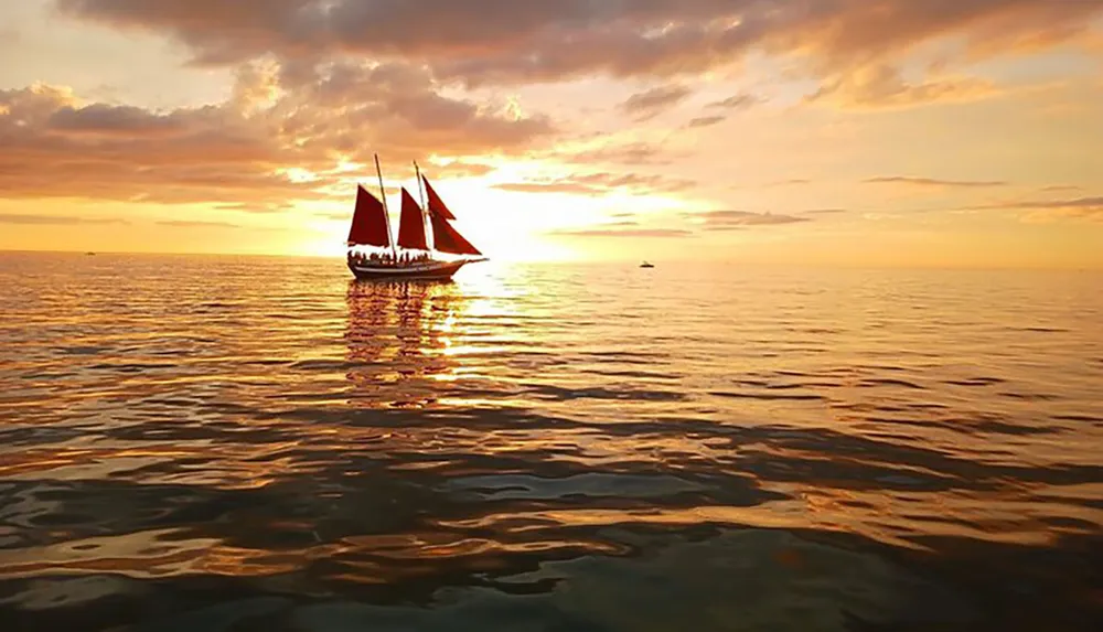 A sailboat with red sails glides across calm waters under a golden sunset sky