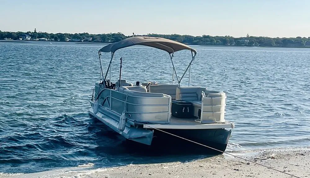 A pontoon boat is docked near a sandy shore against a backdrop of calm water and a clear sky