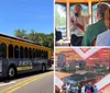 A colorful red and yellow trolley-style bus is parked on a city street adorned with advertisements and signage indicating it serves the Central Avenue route to St Pete Pier