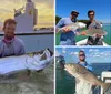 Two men are proudly displaying their catch of two large fish while standing on a boat with a clear blue sky and tranquil blue waters in the background