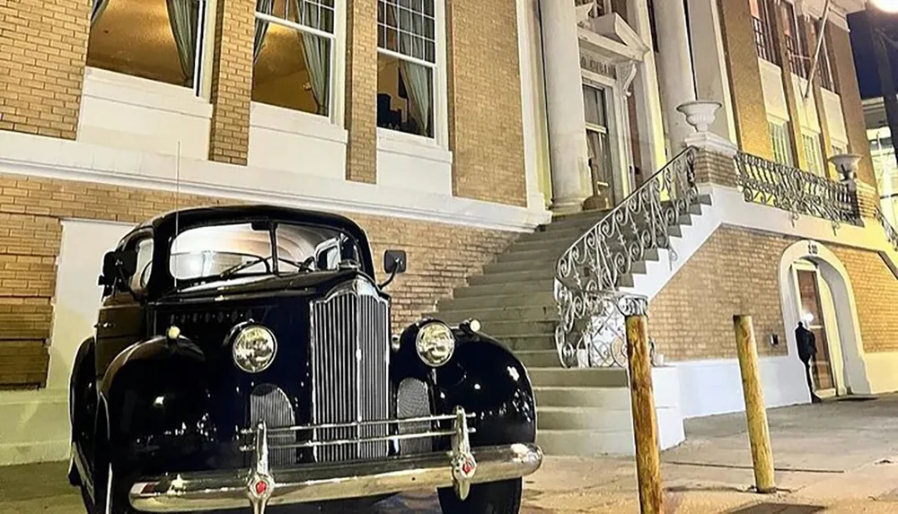 A vintage black car is parked in front of a building with grand steps and iron railings at night