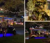 Two people are standing by a festively decorated golf cart in front of a house adorned with colorful Christmas lights at night