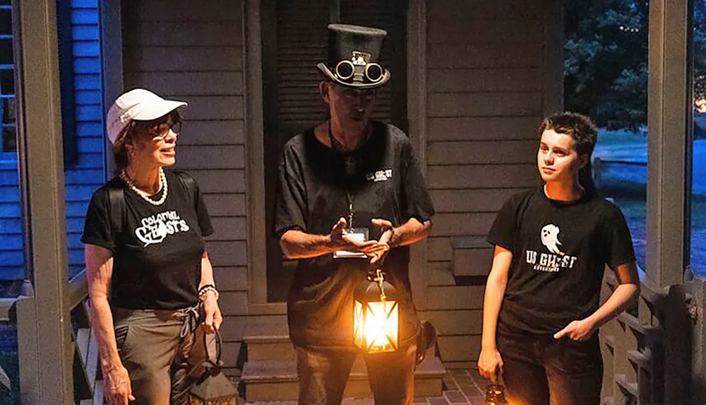 Three individuals two wearing t-shirts with ghost-themed logos and one donning a top hat with goggles stand on a porch at dusk with the central figure holding a lit lantern