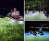 Four people are night kayaking in clear-bottomed boats over luminescent underwater vegetation