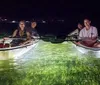 Four people are night kayaking in clear-bottomed boats over luminescent underwater vegetation