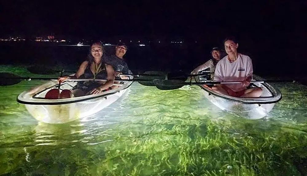 Four people are night kayaking in clear-bottomed boats over luminescent underwater vegetation