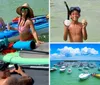 A group of cheerful people are enjoying themselves on paddle boards and in the water near a boat posing for a group photo