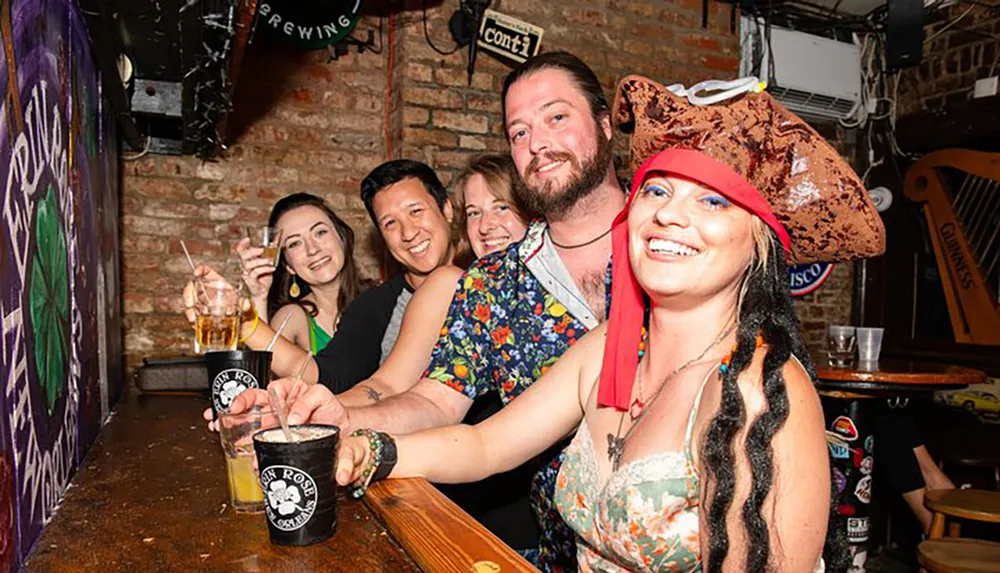 A group of cheerful people are posing with drinks at a bar with one person wearing a pirate hat