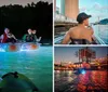 A group of people enjoying a night kayaking activity with illuminated kayaks on a body of water