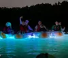 A group of people enjoying a night kayaking activity with illuminated kayaks on a body of water