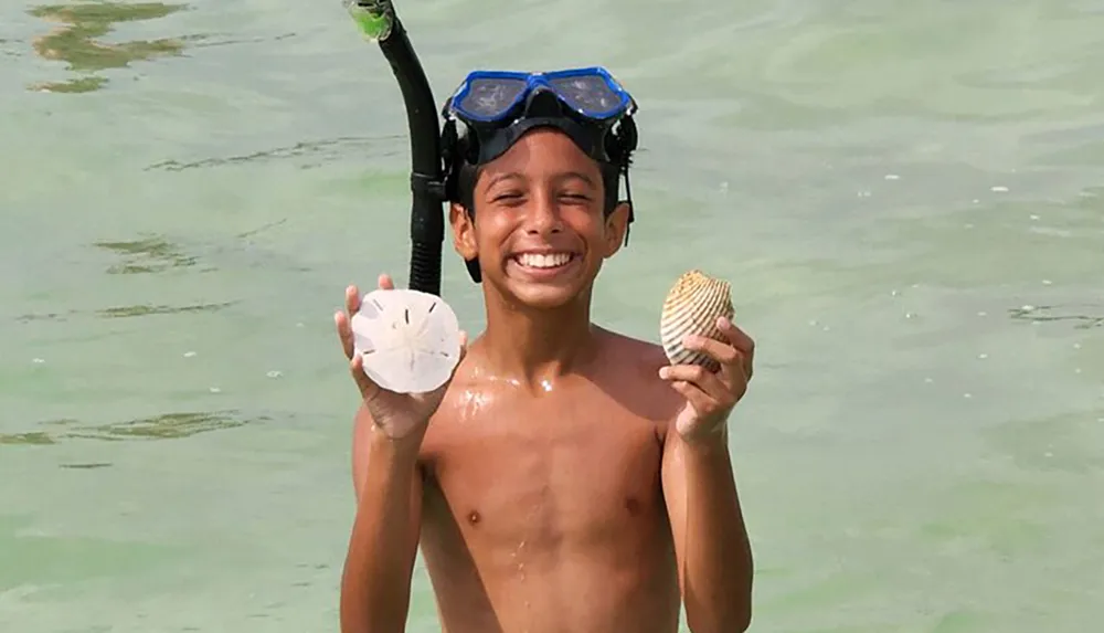 A joyful child wearing a snorkel mask holds up a sand dollar and a seashell while standing in shallow water at the beach