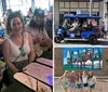 Four individuals are posing with smiles in a blue open-air electric vehicle on a sunny street