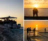 A boat full of passengers is cruising on calm waters at sunset creating a tranquil and beautiful scene