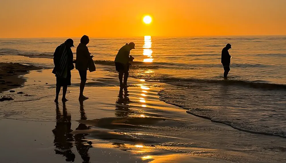 Several people are standing on a beach at sunset with the sun creating a golden path on the waters surface