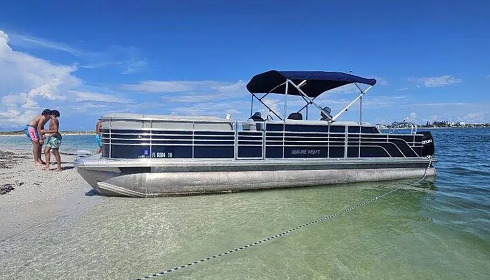 A pontoon boat is beached on a sandy shore while two individuals seem engaged in conversation next to it under a clear blue sky