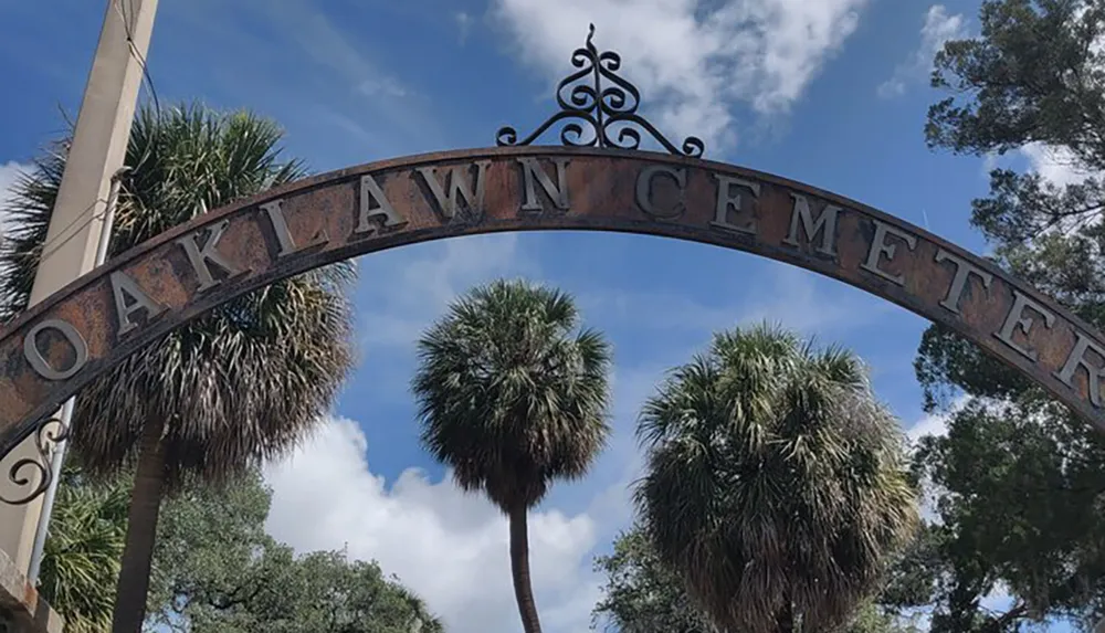 The image features a weathered metal archway with the words OAKLAWN CEMETERY flanked by two palm trees against a partly cloudy sky