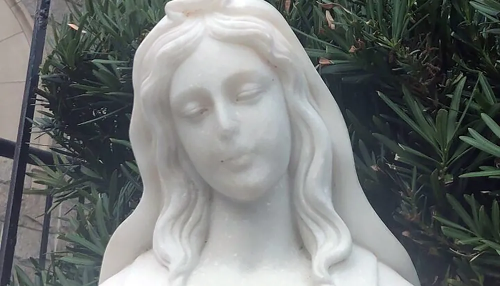 The image shows a serene white statue of a womans face framed by wavy hair set against a backdrop of greenery