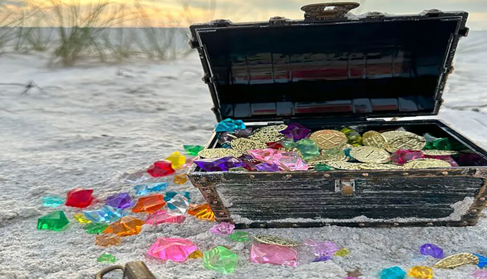 An open treasure chest filled with colorful gemstones and gold coins spills onto a sandy beach against a backdrop of blurred vegetation