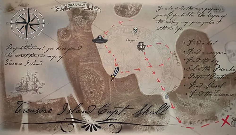 This image depicts a stylized treasure map with various clues and symbols including a compass rose a pirate ship and an X marking the treasure spot hinting at a playful adventure