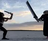 Two people one wearing a skull mask and holding a large foam sword and the other in a pirate hat with a small foam sword appear to be playfully dueling at sunset