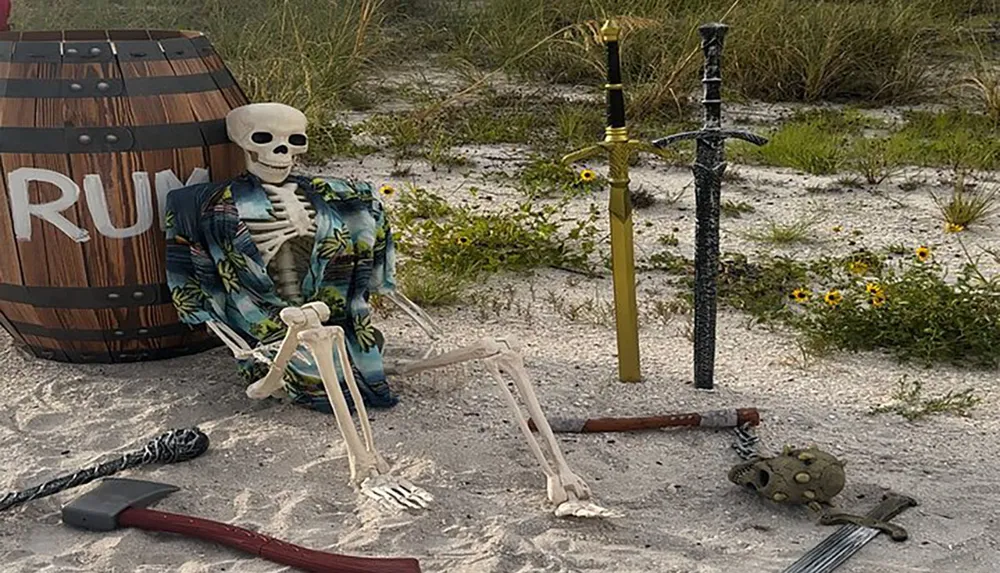 A skeleton wearing a tropical shirt is lounging by a RUM barrel on a sandy beach alongside pirate-themed items like swords and a hook hand