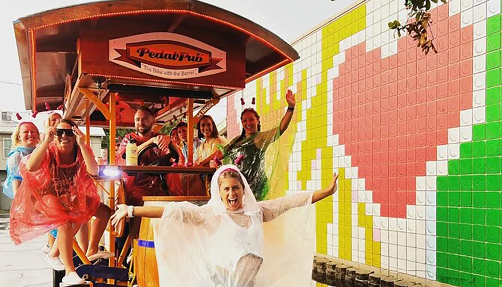 A group of cheerful people some wearing ponchos are enjoying a ride on a pedal pub against a colorful mosaic-tiled wall background