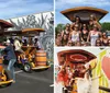 A group of cheerful people some wearing ponchos are enjoying a ride on a pedal pub against a colorful mosaic-tiled wall background