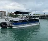 A pontoon boat with a black Bimini top is cruising near a bridge with several docked sailboats and buildings in the background