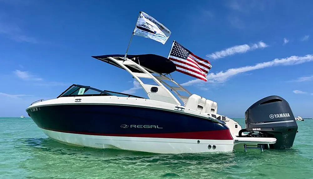 A Regal brand motorboat is anchored in shallow clear blue waters with an American flag and a custom flag flying from the stern under a sunny sky