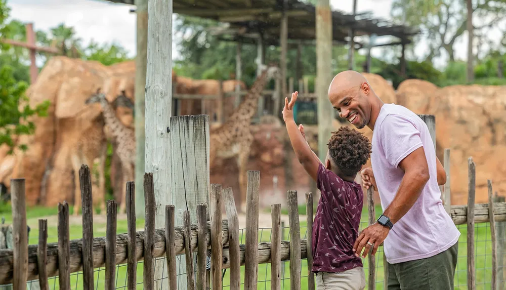 A smiling adult and child are happily interacting in front of a giraffe enclosure at a zoo