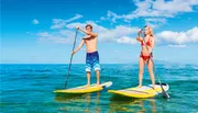 Two people are stand-up paddleboarding on a calm blue ocean under a clear sky.