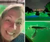 A group of people are night kayaking with the water illuminated by underwater lights attached to their kayaks creating a serene glowing effect